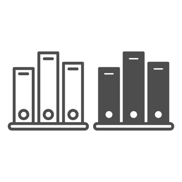 书架与文件夹，档案文件线和固体图标，文件概念，办公室装订向量在白色背景上签名，轮廓风格图标为移动概念和网页设计。矢量图形。图片下载