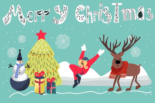 写着“圣诞快乐”的圣诞卡，穿着毛衣的圣诞鹿，一个雪人，一棵圣诞树，礼物，雪堆，一个女孩在雪中嬉戏。图片下载