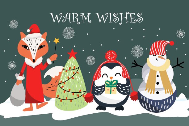 圣诞贺卡上有一只狐狸，一只企鹅和一个雪人，一棵圣诞树，题词温馨的祝福。图片下载