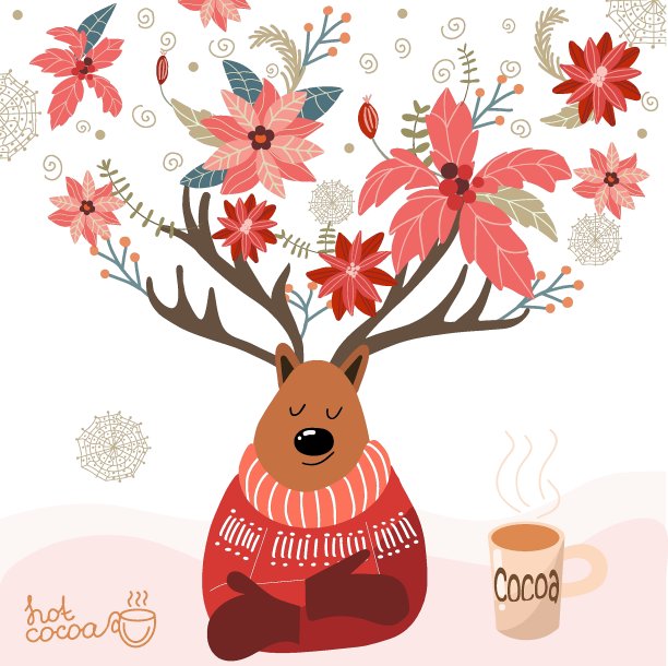 舒适的圣诞鹿穿着毛衣角上有一品红花和一杯可可。图片下载