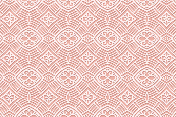 几何体积凸出民族白色3D图案，抽象的封面设计。浮雕粉红色背景，阿拉伯式。剪纸效果，镂空花边质感。图片下载