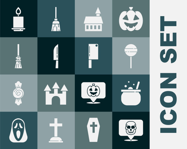 设置骷髅，万圣节女巫大锅，棒棒糖，城堡，刀，女巫扫帚，燃烧的蜡烛和肉菜刀图标。向量图片下载
