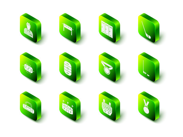 设置曲棍球桌，储物柜或更衣室，冰球棍，冰球，奖牌，秒表和体育场图标。向量图片下载