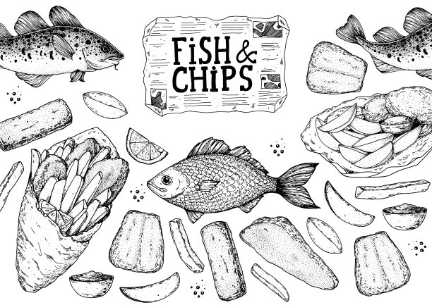 鱼和薯条草图矢量插图。英国酒吧的食物。手绘草图。烹饪炸鱼和薯条。雕刻的手绘复古图像。菜单设计模板图片下载