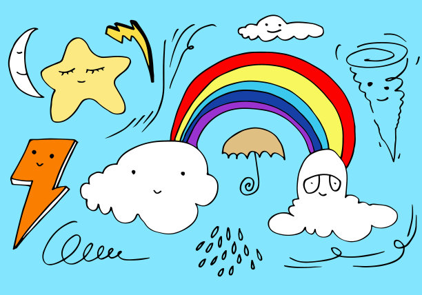 在蓝色上设置可爱的彩色涂鸦图片下载