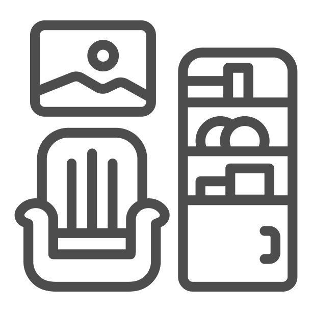 扶手椅，图片和衣柜线条图标，室内设计概念，白色背景的客厅标志，轮廓风格的扶手椅，绘画和橱柜图标。矢量图形。图片下载