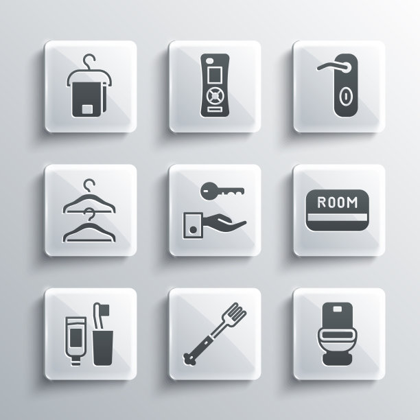 设置餐叉、马桶、酒店钥匙卡、门锁图片下载