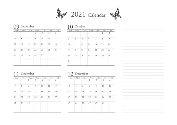 蝴蝶燕尾蝶简单日历为2021年9月10月11月12月矢量图片下载