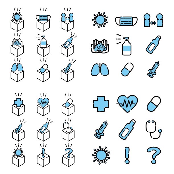 可用于病毒防护、对策等的蓝色图标集/插图材料(矢量插图)图片下载