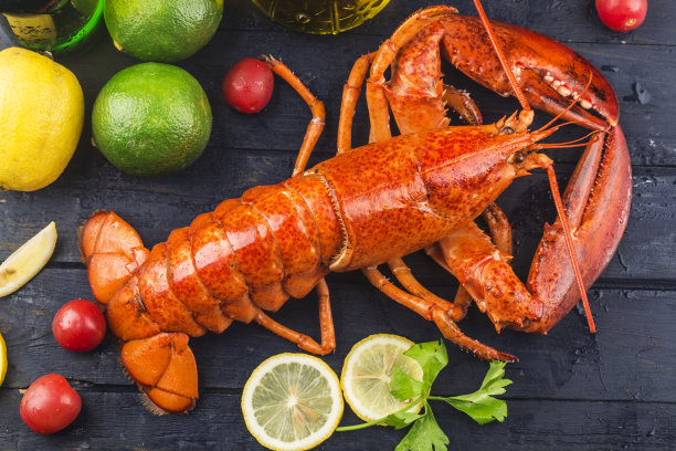 海鲜盛宴柠檬和冰上的新鲜波士顿龙虾图片下载