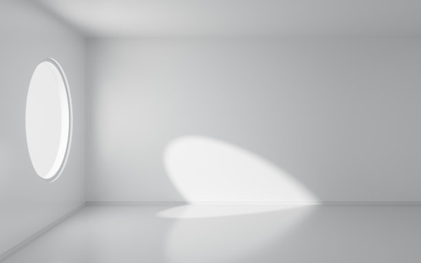 一个有圆形窗户的空房间，3d渲染。图片下载