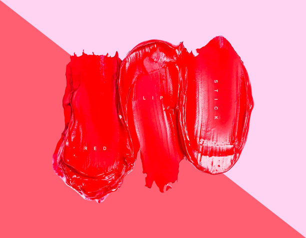 矢量红色唇膏涂抹污点在彩色背景，爱的背景，化妆品组成，化妆设计插图，现实的唇膏笔画图片下载