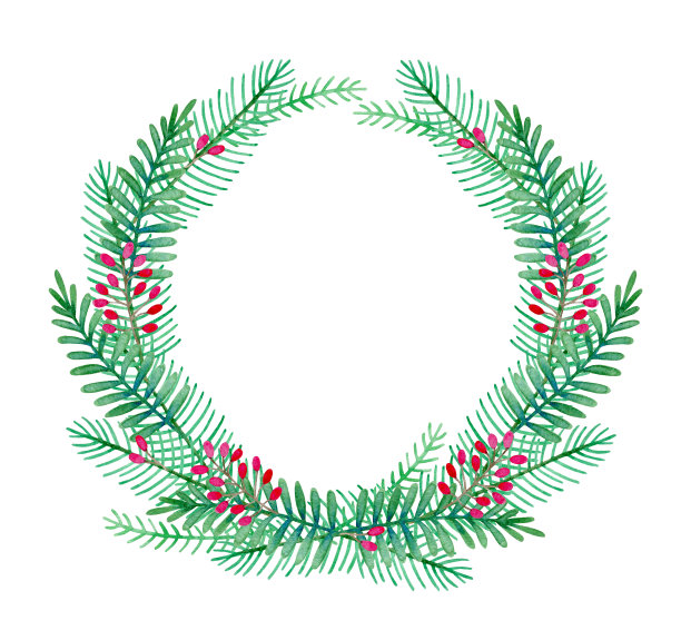 水彩冬季绿色花环的冷杉树枝和红色浆果图片下载