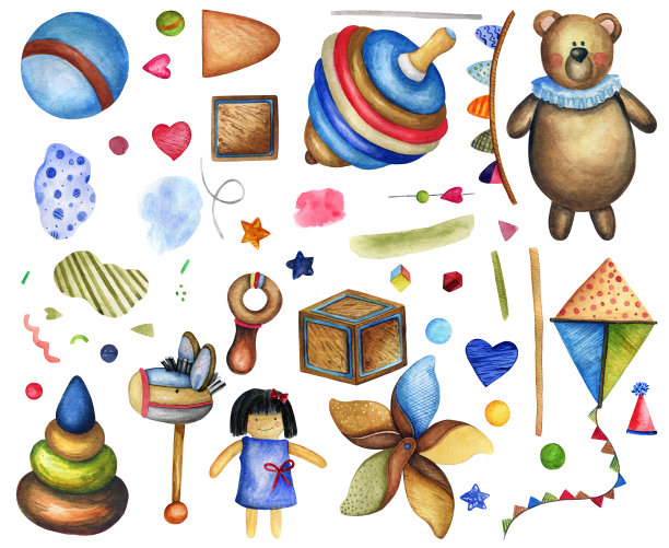 大套水彩复古儿童玩具图片下载