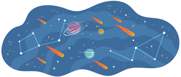 太阳系的行星与大大小小的天体在太空中飞行卡通宇宙场景图片下载