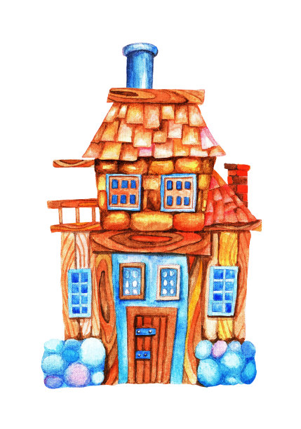 有阳台的房子。水彩图片下载