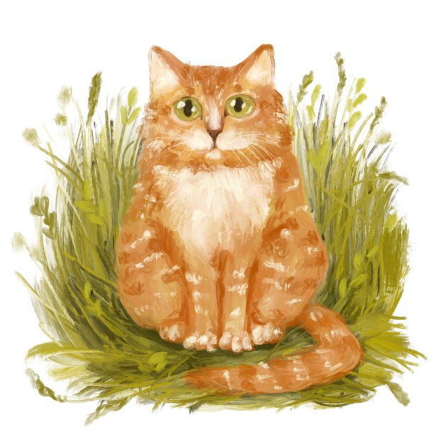 可爱的红猫小猫坐在绿色的草地上，看着白色背景下的相机图片下载