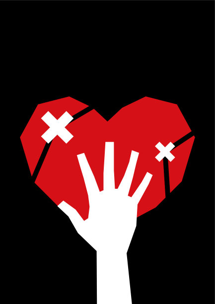 极简主义艺术，白色剪影的手握一个红色破碎的心密封与石膏图片下载