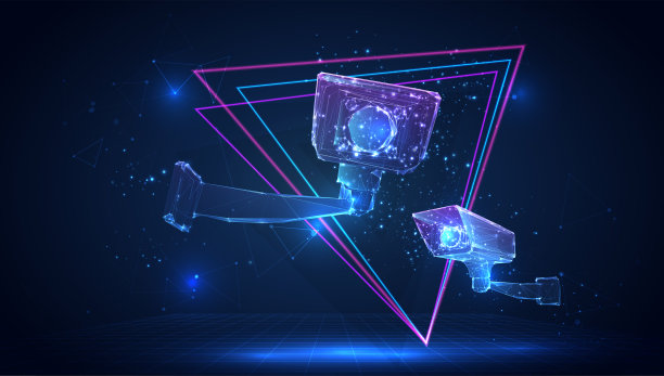 矢量三维户外监控摄像头，在虚拟空间的蓝色背景上的人的识别图片下载