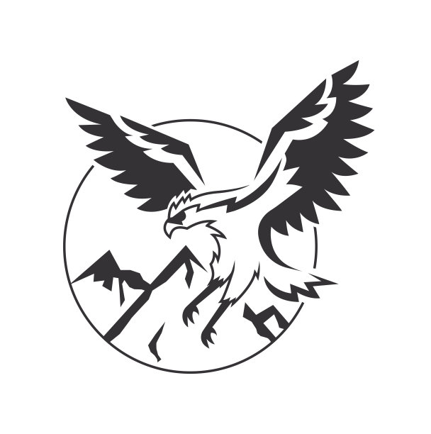 标志与飞鹰和山脉在黑色和白色。矢量图像。图片下载