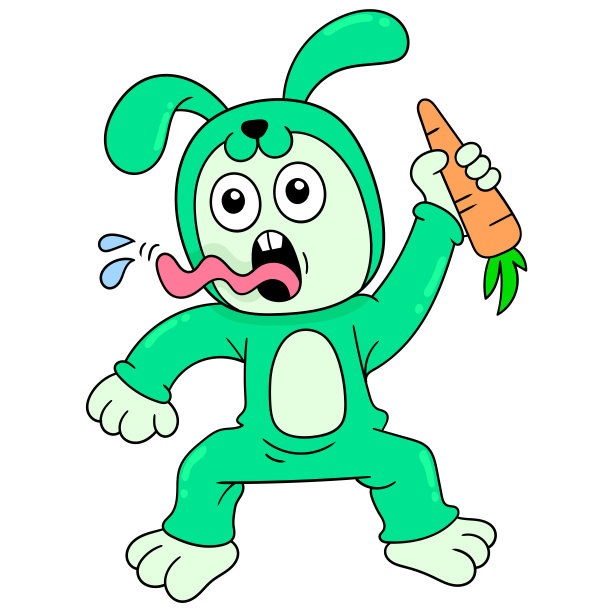 激动人心的脸兔热情带来蔬菜胡萝卜，矢量插图艺术。涂鸦图标形象卡哇伊。图片下载