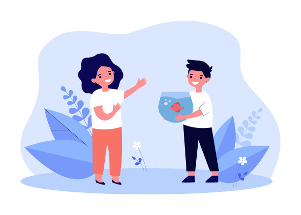 卡通男孩展示或赠送鱼缸里的鱼给朋友图片下载