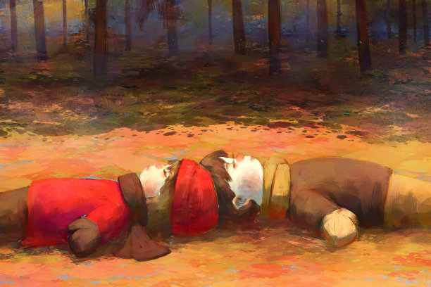 数字艺术绘画组的男孩和女孩在秋天的森林。图片下载