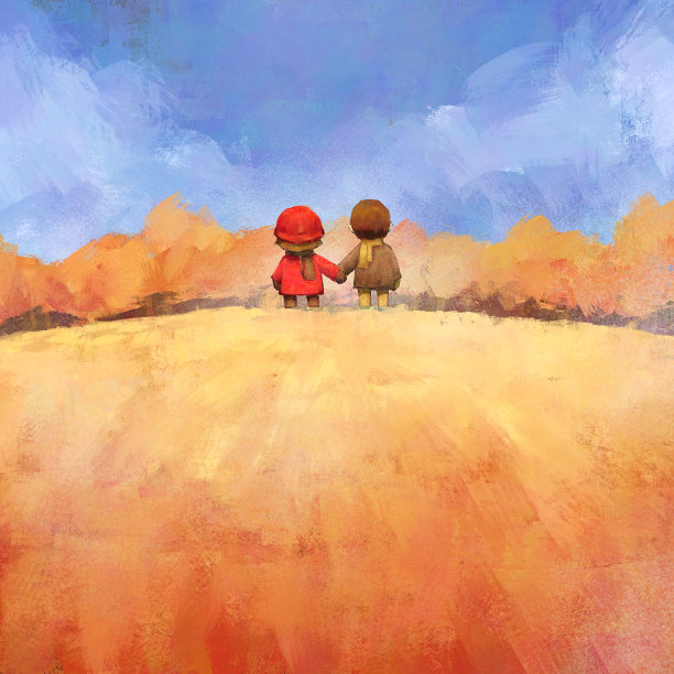 数字艺术绘画组的男孩和女孩在秋天的森林。图片下载