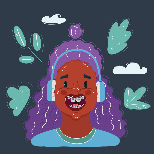 矢量插图年轻的非洲妇女听音乐与耳机孤立在黑暗。图片下载