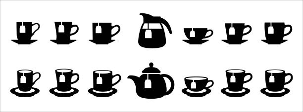 茶杯图标集。茶袋泡茶杯矢量图标设置。茶壶酿造图标矢量股票插图图片下载