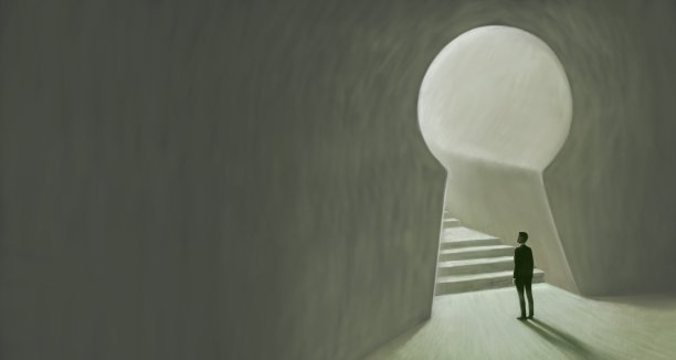 成功有希望有抱负和梦想的概念。超现实主义的艺术作品。商人与楼梯在一个钥匙孔大门，商业背景3d插图。绘画图片下载