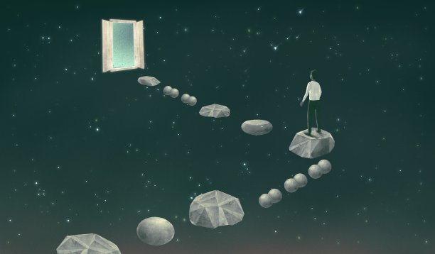 梦想成功与希望的超现实艺术概念，想象艺术作品，抱负理念绘画插画，男人与楼梯图片下载