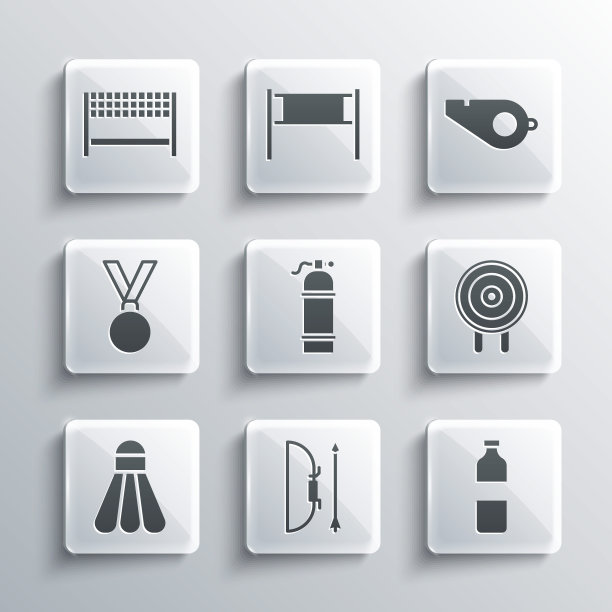 在箭筒中设置弓和箭，瓶子水，目标运动，水龙，羽毛球羽毛球，奖牌，丝带终点线和哨子图标。向量图片下载