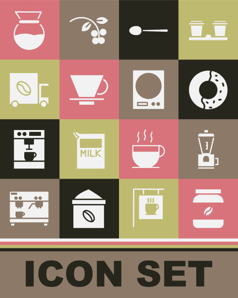 集咖啡瓶瓶，电动咖啡研磨机，甜釉甜甜圈，勺子，V60机，街车机器，倾倒和电子天平图标。向量图片下载