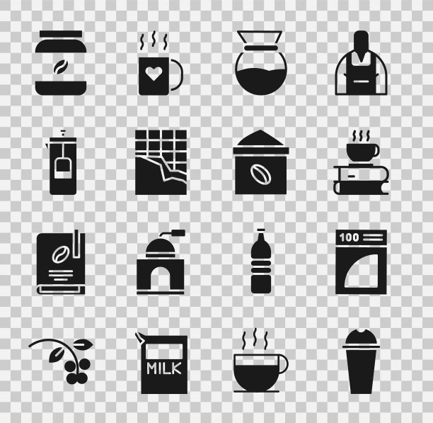 设置奶昔，咖啡纸过滤器，杯子和书，倒在咖啡机，巧克力棒，法式压力机，罐子瓶子和袋豆图标。向量图片下载
