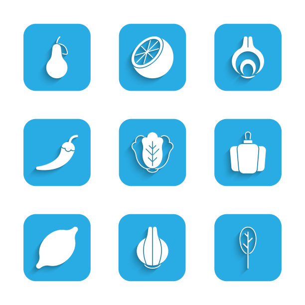 设置卷心菜，洋葱，菠菜，甜椒，柠檬，辣椒荚，和梨图标。向量图片下载