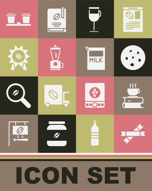 集糖棒包，咖啡杯和书，饼干或饼干，爱尔兰咖啡，电动研磨机，奖章，去和纸包牛奶图标。向量图片下载