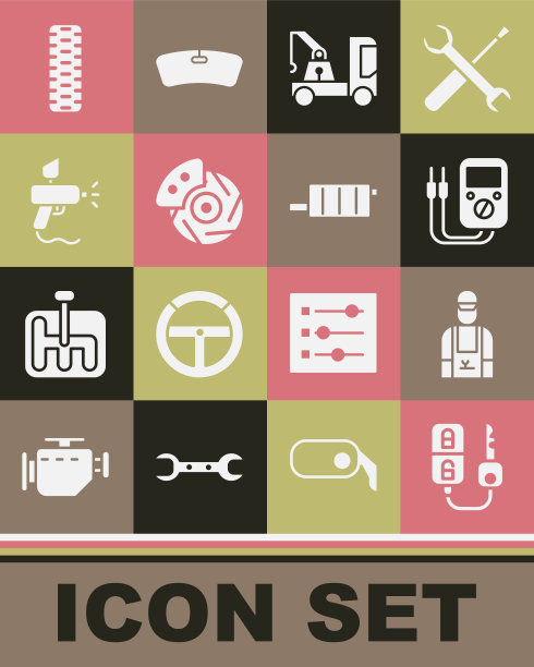 设置汽车钥匙与遥控器，机械师，万用表，拖车，刹车盘卡钳，喷漆枪，轮胎车轮和消音器图标。向量图片下载