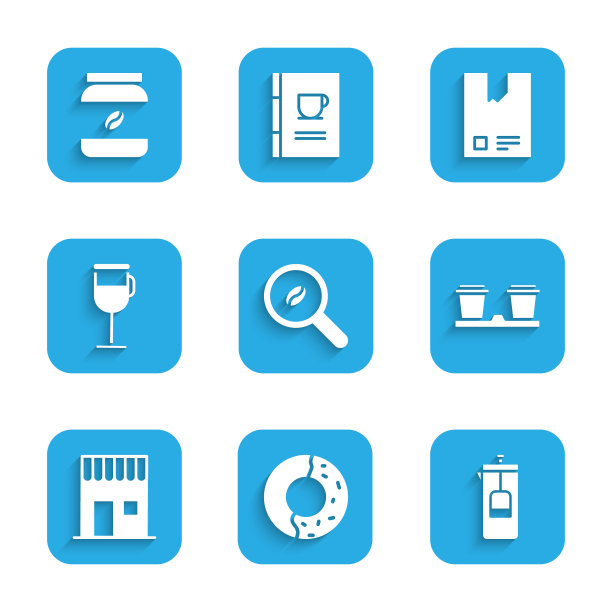 精选咖啡豆，甜釉甜甜圈，法式压榨，咖啡杯，商店，爱尔兰，袋和瓶子图标。向量图片下载