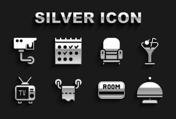 集卫生纸卷，马提尼玻璃杯，覆盖托盘，酒店钥匙卡，复古电视，扶手椅，安全摄像头和预订日历图标。向量图片下载