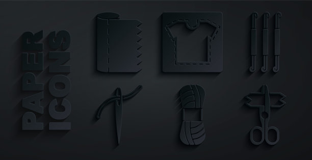 集纱，钩针钩，针与线，剪刀，缝纫模式和纺织织物卷图标。向量图片下载