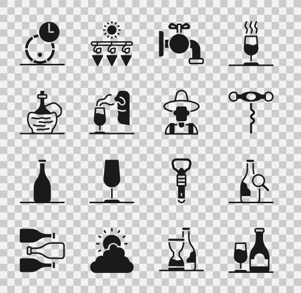 Set Wine bottle with glass, bottle of Wine, corkscrew, Tap for barrel, Sommelier, italian fiasco, Wooden和Farmer the hat icon。向量图片下载