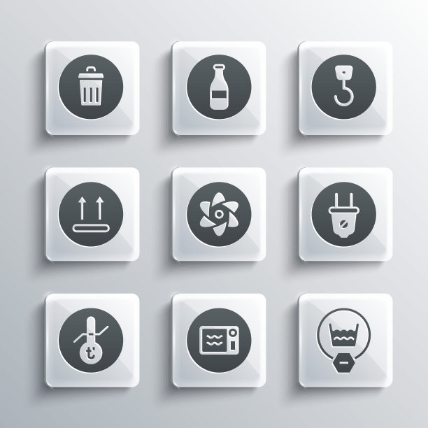 设置微波炉，精致洗涤，电插头，试管和烧瓶，气象温度计，温度，垃圾桶和工业挂钩图标。向量图片下载