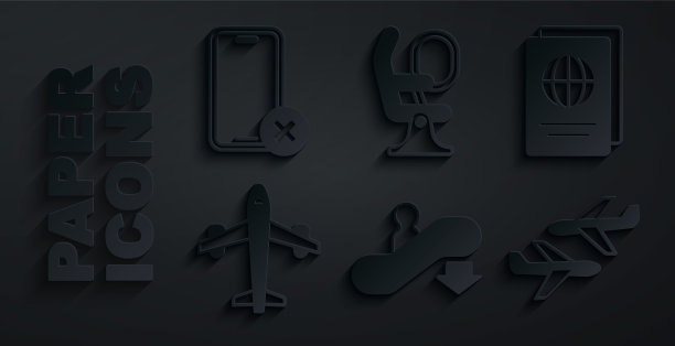 设置自动扶梯，护照，飞机，飞机座位和没有手机图标。向量图片下载