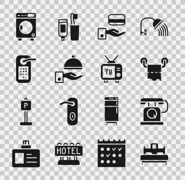 设置卧室，电话听筒，卫生纸卷，数字门锁，覆盖托盘，洗衣机和复古电视图标。向量图片下载