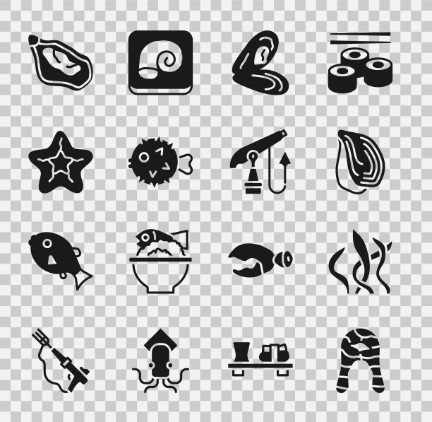 设置鱼排，海藻，贻贝，刺猬，海星，和鱼叉图标。向量图片下载