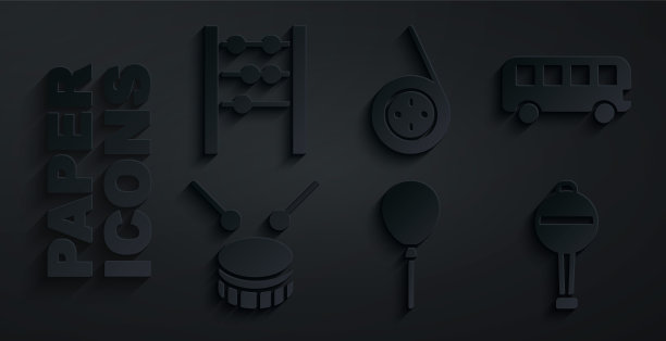 气球与丝带，巴士玩具，鼓鼓棒，拨浪鼓婴儿，溜溜球和算盘图标。向量图片下载