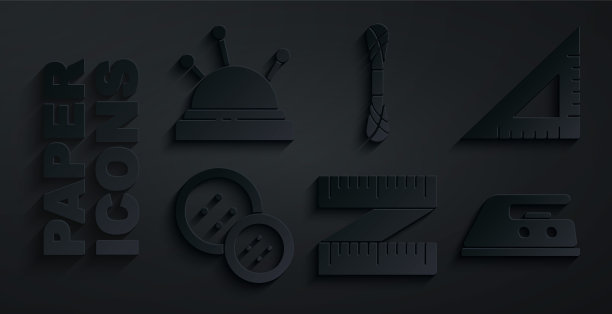 套装卷尺，三角尺，缝纫按钮，电熨斗，纱线和针床和针图标。向量图片下载