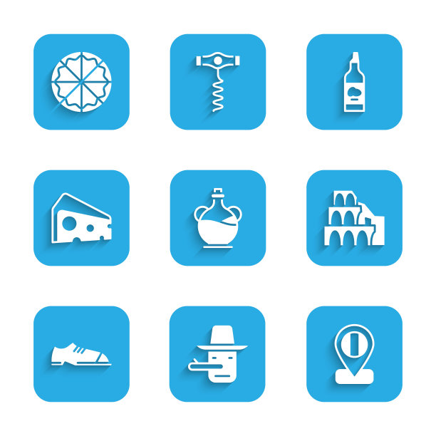 集瓶橄榄油，匹诺曹，位置旗帜意大利，罗马竞技场，男人的鞋，奶酪，比萨图标。向量图片下载