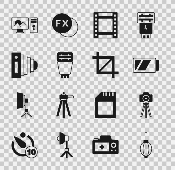 设置除尘风机，照片相机，电池，相机卷墨盒，闪光灯，修饰和图片裁剪照片图标。向量图片下载